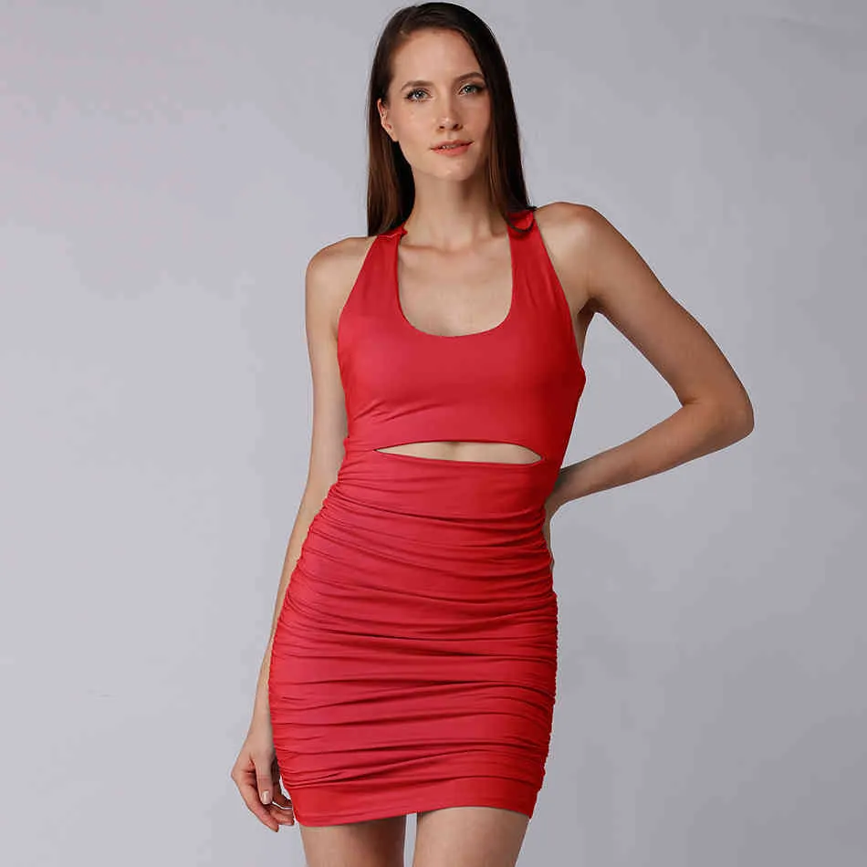 Été Femmes Red Tank Robe sans manches Sexy Creux Out Drapé Mini Party Celebrity Soirée Wear Club Robes 210423