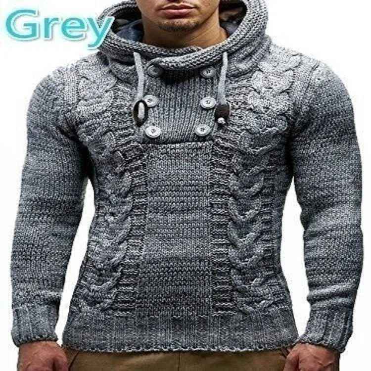 Pull Hommes Hiver À Capuche Mince Tricoté Pull Mâle Kaki À Manches Longues Twist Motif Casual Année Sueter Para Hombre 210604