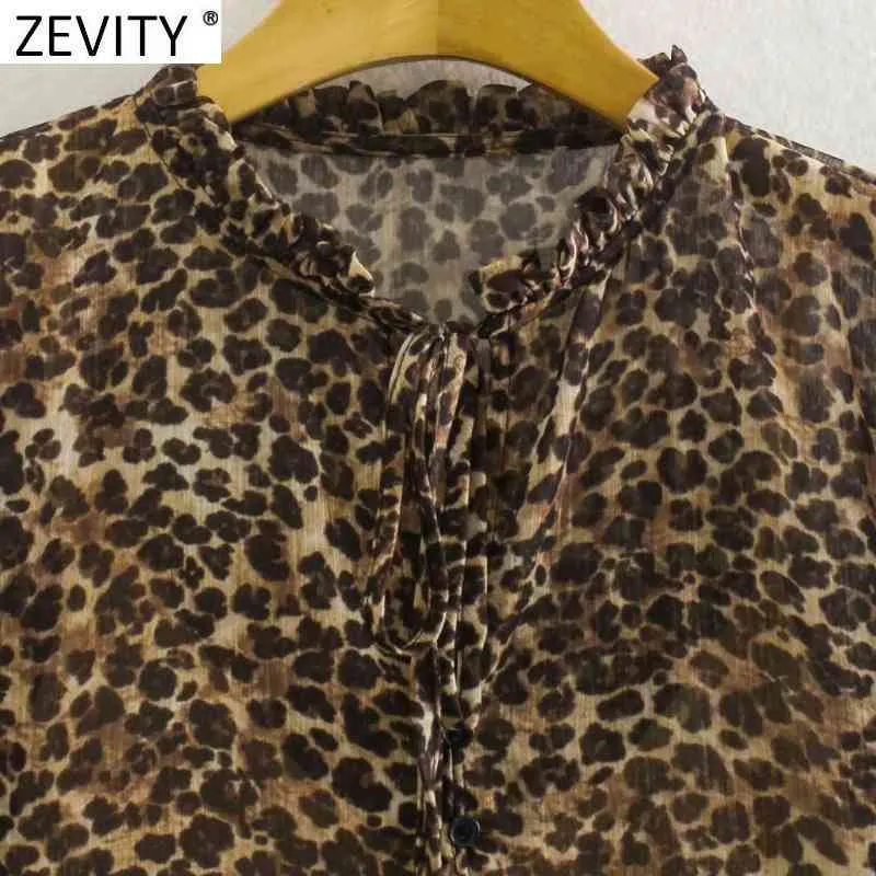 Donna Vintage Lace Up O Collo Stampa leopardata Mini abito camicia in chiffon Donna Chic Piega Ruffles Casual Party Vestido DS8151 210420