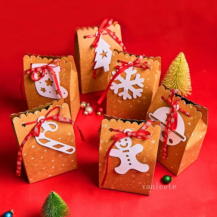 Party Favor DIY Large Kraft Paper Bag Christmas Candy Box med vit Tag Ribbon Apple Presentförpackning T2i52810