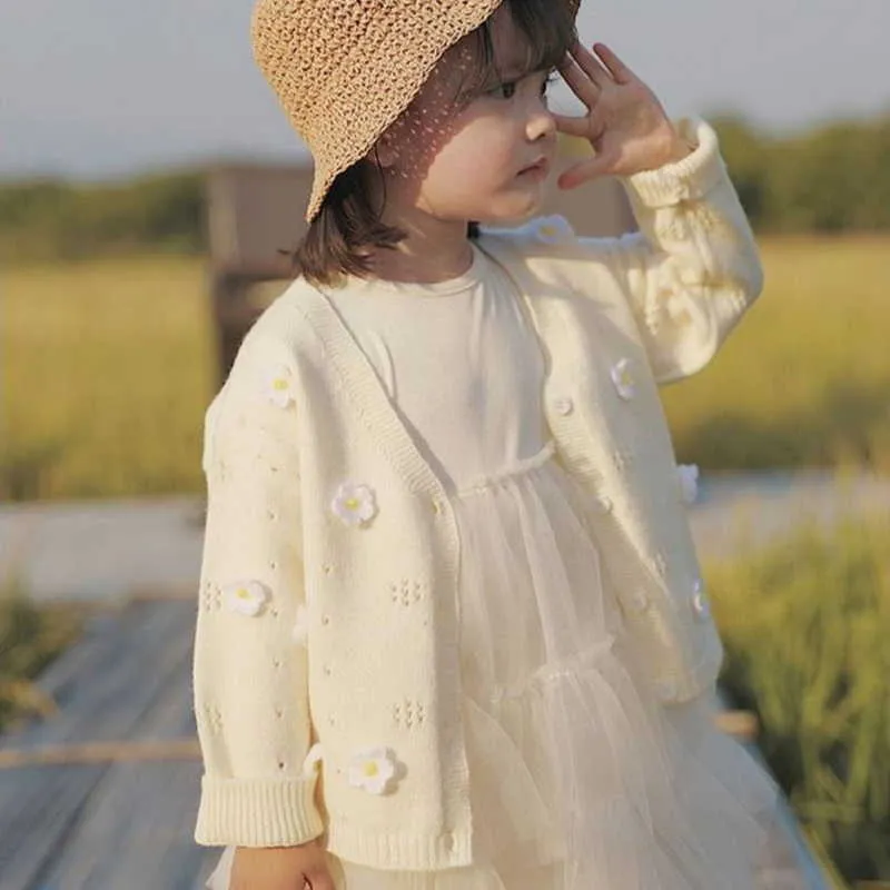 Детская девочка кардиган цветок свитер вязание хлопка осень зима мода детские одежды al004 210610