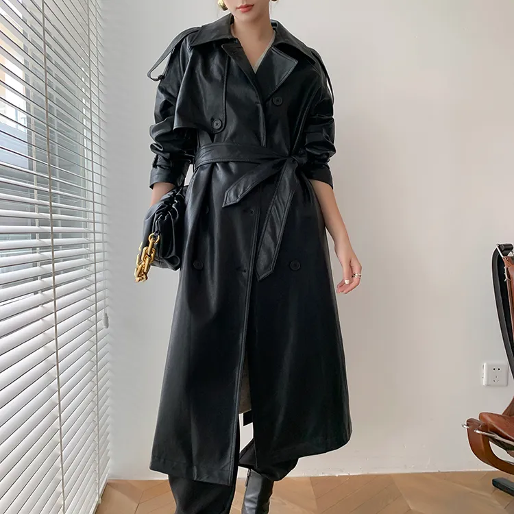 Korea Runway Designer Herbst/Herbst Leder Maxi Lange Trenchcoat Mit Gürtel Chic Weibliche Windjacke Klassisch xxl