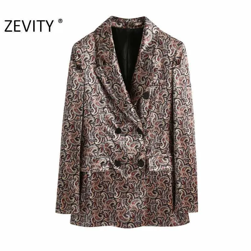 Zevity WomenビンテージトーテムフラワープリントシックなビジネスブレザーオフィスレディースダブルブレストカジュアルアウトウェアベルベットスーツトップスCT599 210603