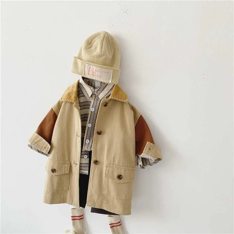 Spring Korean Style Kids Boys Girls Trench Casual Patchwork Pocket Outwear Children Fashion Clothes E5024 210610