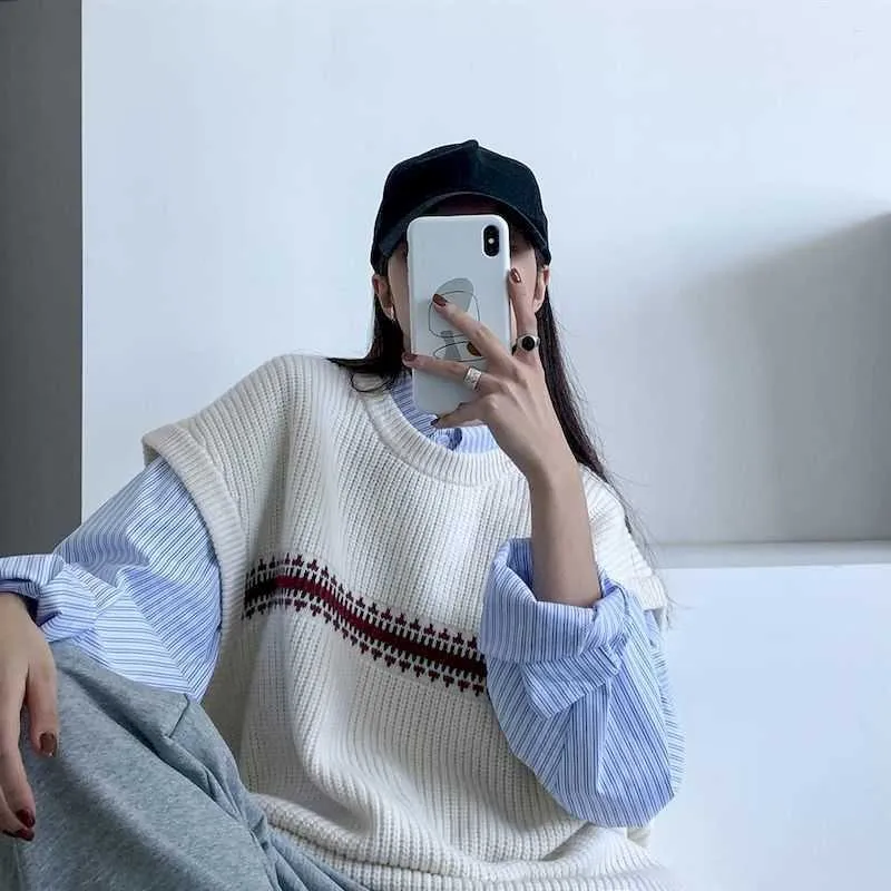 Juego de chalecos de suéter otoño e invierno retro rayado femenino mujer camisa suéter coreano traje 210526