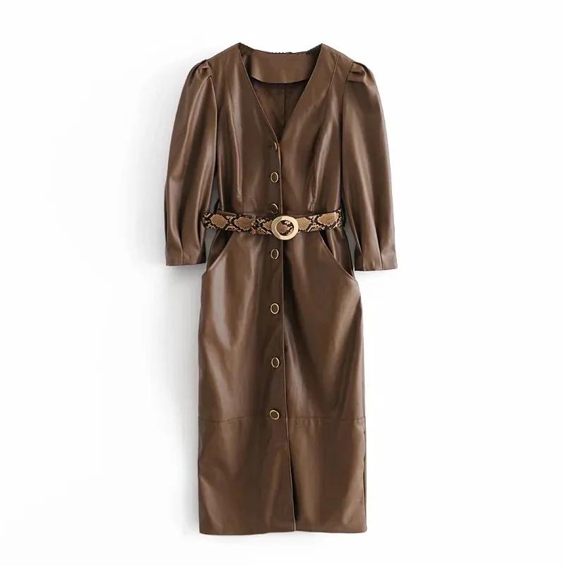 Moda z opaskowym brązowym faux skóra Sukienka Midi Vintage V-Neck Button Puff Sleeve Woman High Street Elegant ES 210519