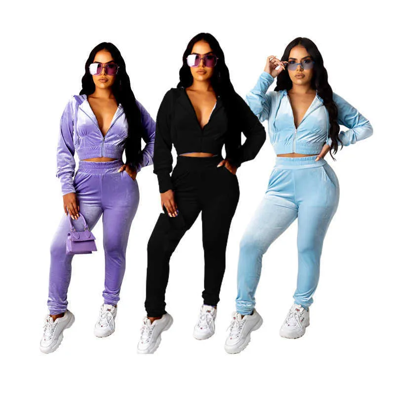 Primavera outono feminino039s veludo agasalho manga longa colheita topos hoodies calças esportivas ternos de veludo feminino casual 2 peças conjunto x06129059332