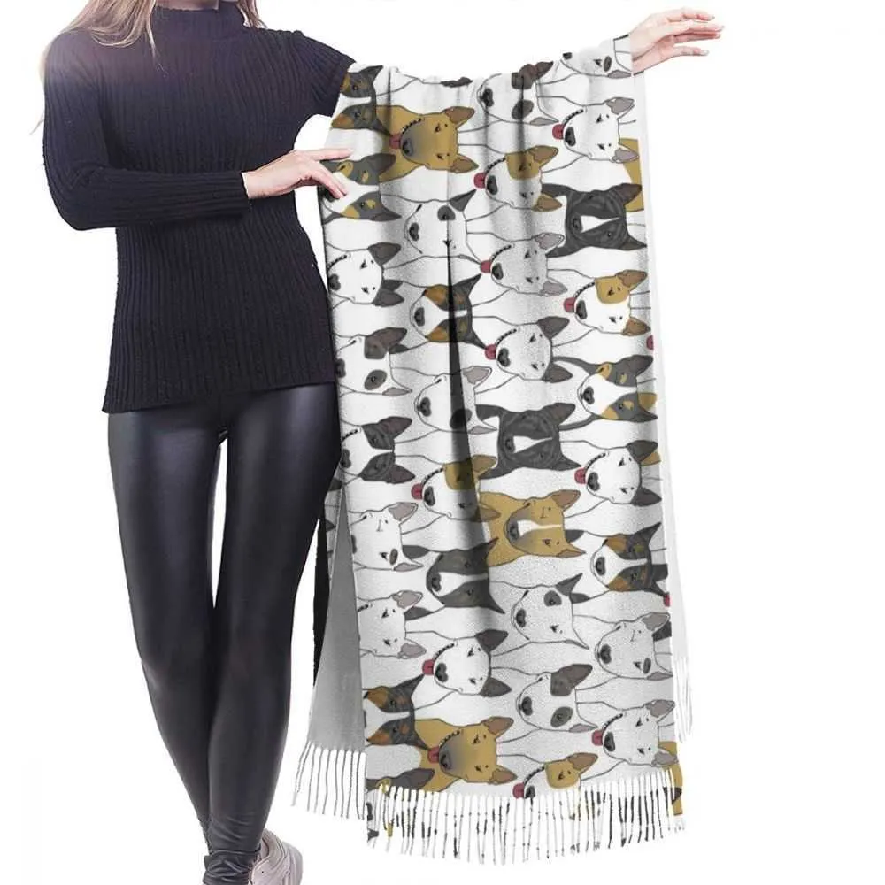 Söta valpar Bull Terrier Prints Vinter Scarf för Kvinnor Imitation Cashmere 196 * 68cm Långt damer Mjuk Tassel Sjal Scarf Femme Q0828