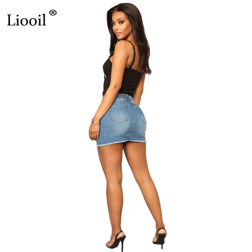 Liooil Blue Denim High cintura buraco mini saia com roupas de bolso roupas rua streetwear Decote afligido cordão sexy bodycon saias 210629