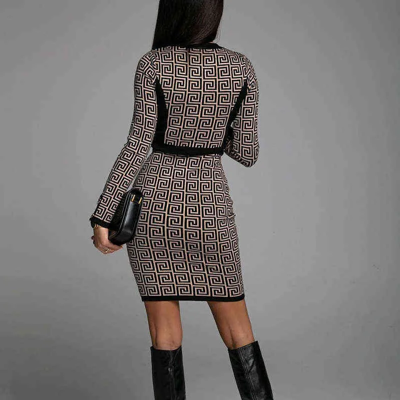 Mode Vintage Office Lady Bodycon Dress Kvinnor Enkelhet Geometrisk Skriv ut Party Klänning Elegant Långärmad Knapp A-Line Dress Y1204