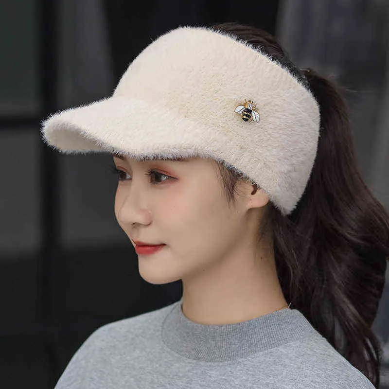 여자 소녀 밍크 헤어 바이저 모자 니트 가을 겨울 모자 단색 탄성 사이클링 달리기 골프 빈 탑 모자 2111225520131