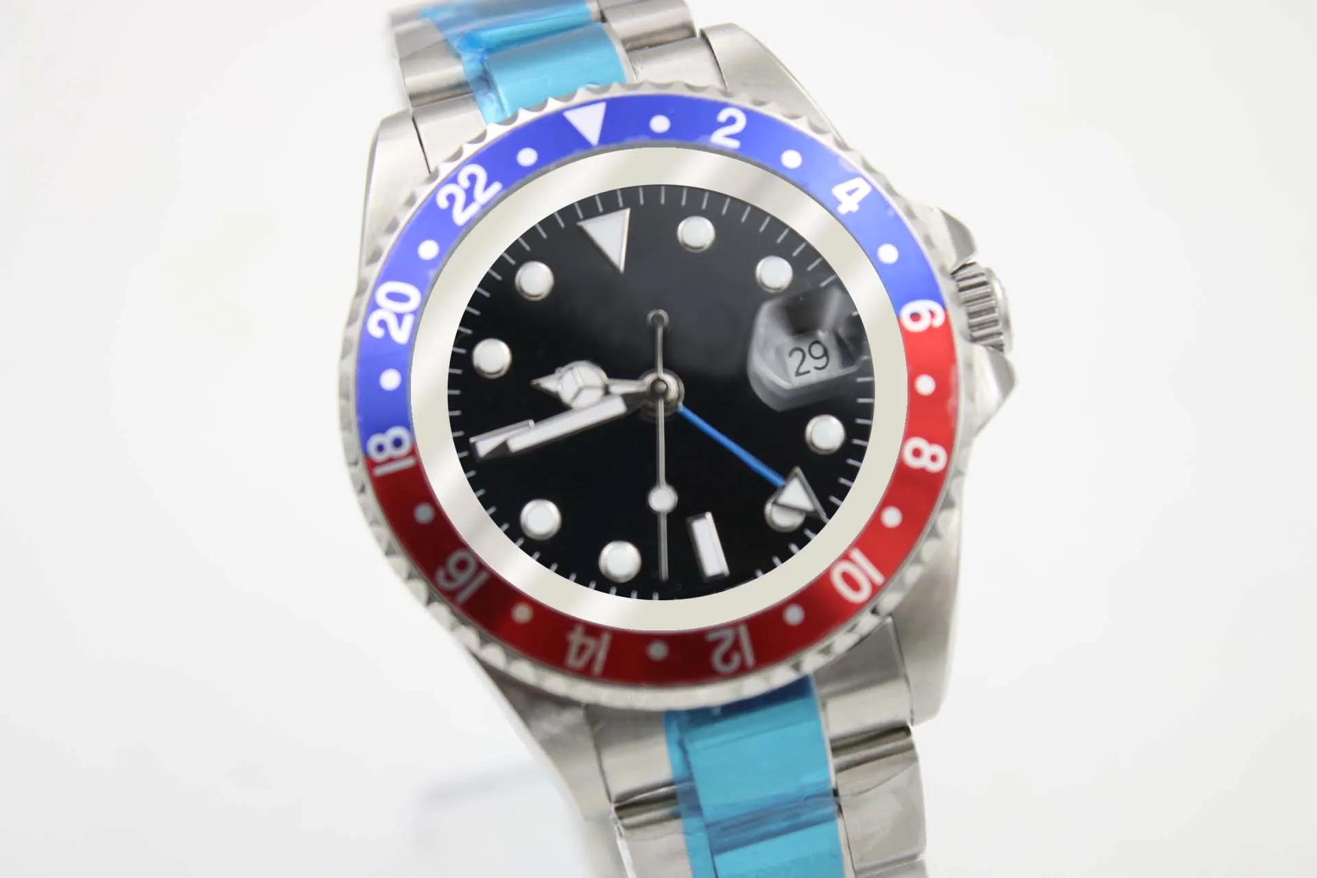 Relógio mecânico masculino 116710 negócios casual moderno prata branco caixa de aço inoxidável azul vermelho aro preto mostrador 4 pinos calendar328c