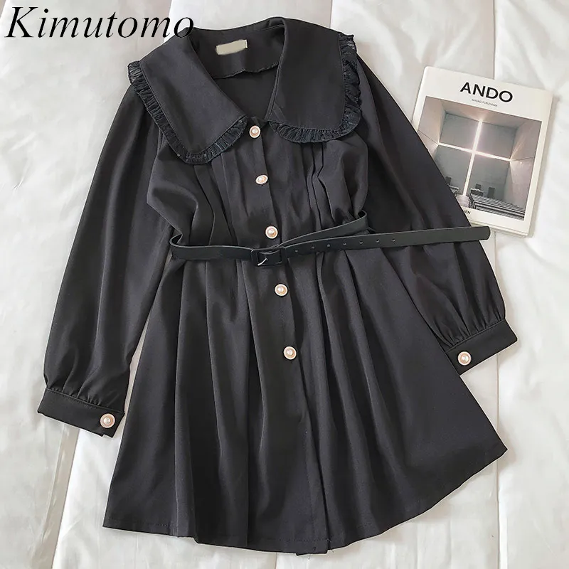 Kimutomo élégant solide chemise robe femmes Style français corée Chic femme col claudine perle boutons avec ceintures Vestido 210521