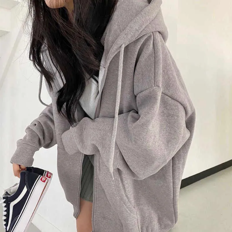 Solide Zip Up Cropped Brown Sweats à capuche Femmes Harajuku Poches Veste de base Solide Y2K Court Sweats à capuche Simplicité décontractée 210928