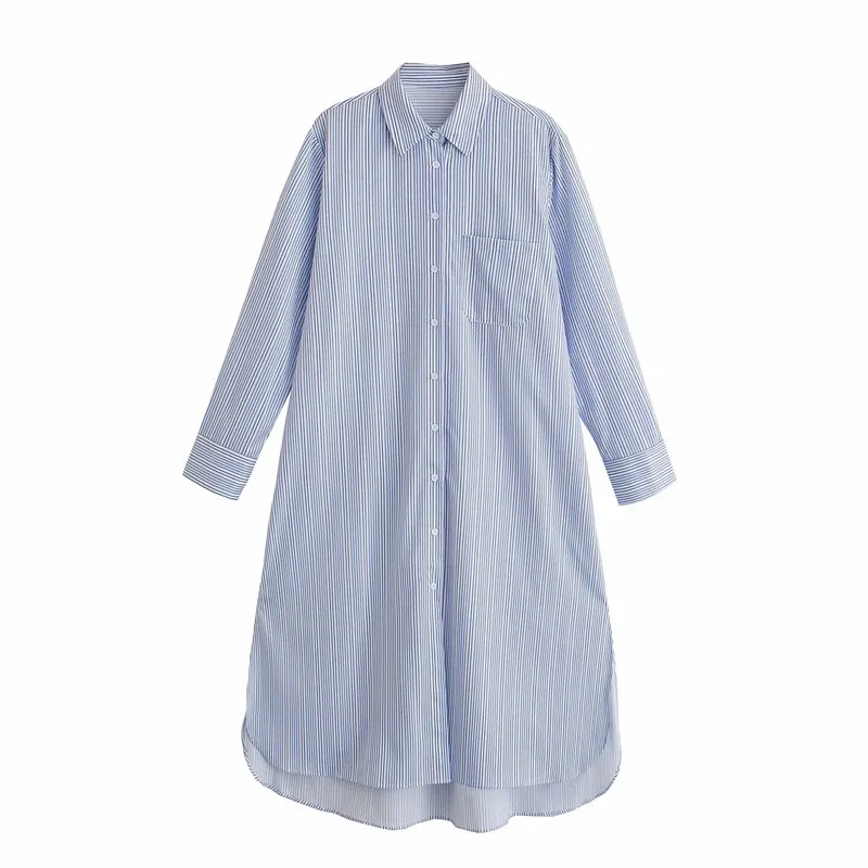 Blue Striped Shirt Dress Woman Summer Long Dresses Women Casual Asymmetric Hem Button Up Sleeve 210519