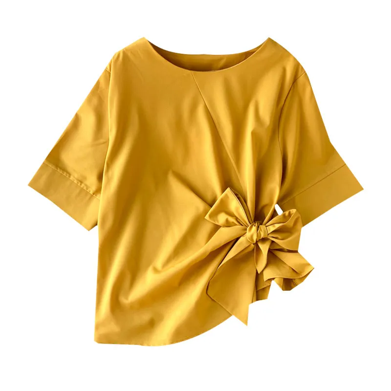 女性のトップシャツ夏の蝶ネクタイレースの女性半袖シンプルな固体野生の短いOネックブラウスML844 210506
