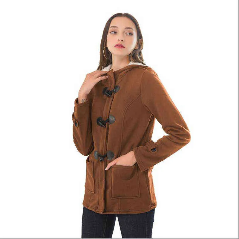 Giacche basic da donna Cappotto color cammello Primavera Autunno Cappotto da donna Cerniera Bottone in corno Giacca outwear Cappotto con cappuccio femminile S-5XL 211105