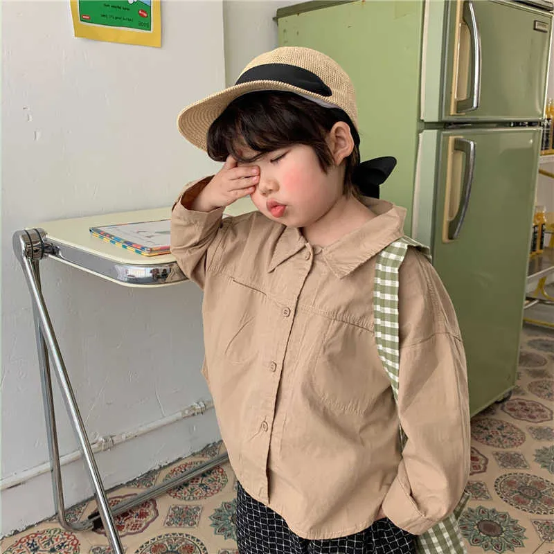 Spring autumn unisex kids solid color loose shirts boys and girls turn-down collar long sleeve Tops Clothes 210615