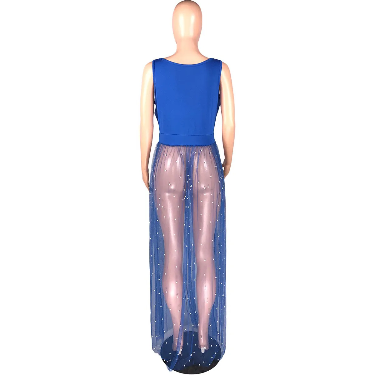 4XL 5XL Artı Boyutu Afrika Kadınlar Elbise Mavi Yüksek Bel Şeffaf Kat Uzunluk Seksi Gece Kulübü Giyim Uzun Elbiseler Through 210510