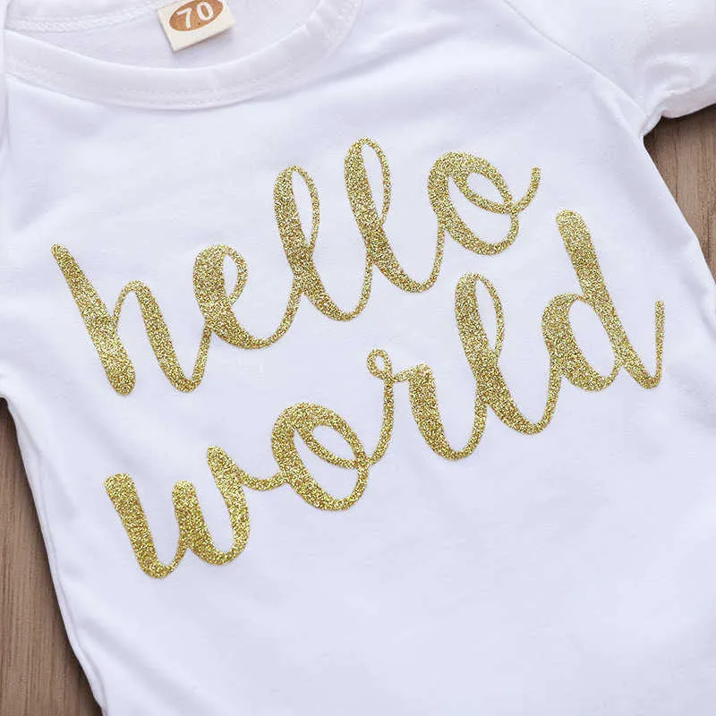 EAZII Hello World Print Born Niemowlę Baby Girl Romper Kombinezon z bielizną Z krótkim rękawem Sunsuit Summer Odzież Outfit 0-24m 210806