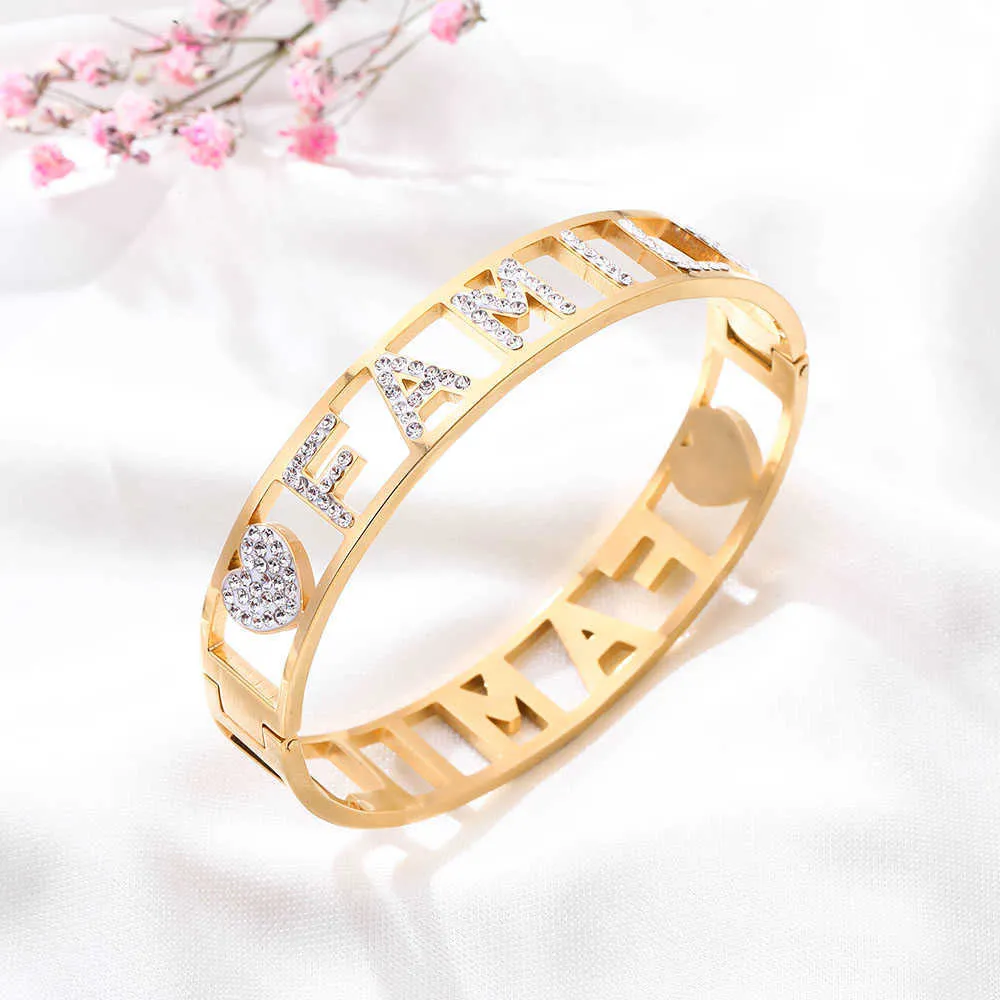 Trendy Girls Gold Color Stainless Steel Bracelet Bangle with Rhinestone Family Letters Charms Bangles for Women Accessories 2020 Q0719