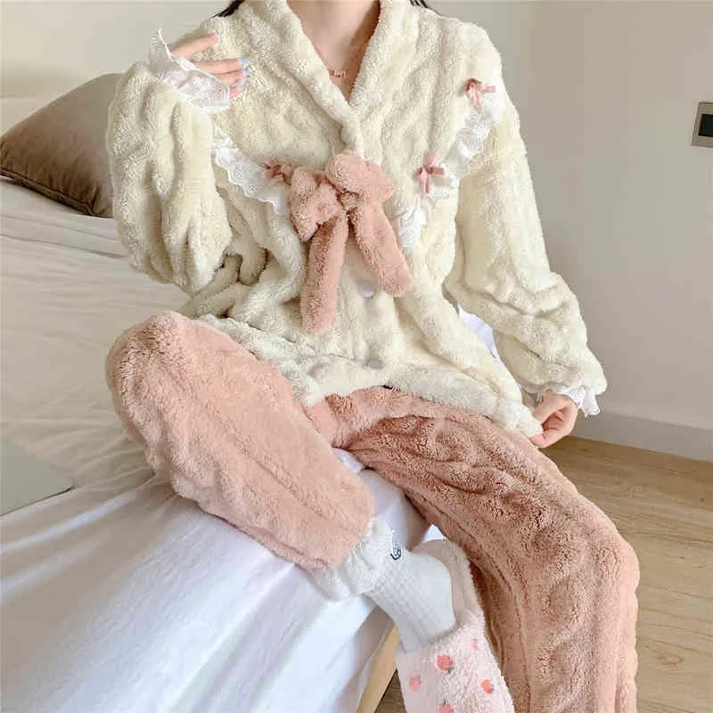 Kış Sıcak Flanel Kadınlar Pijama Setleri Kalın Mercan Kadife Uzun Kollu Polar Pijama Ev Takım Elbise Bayanlar Terry Gecelikler Pijama 211211