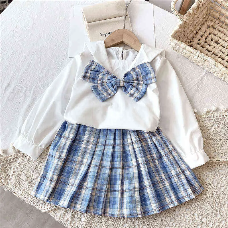 Fall Kids Clothes Bow Tie Long Sleeve Top&plaid Skirt Fashion School Uniform Spring Little Girls Clothing Set Toddler Outfits G220310