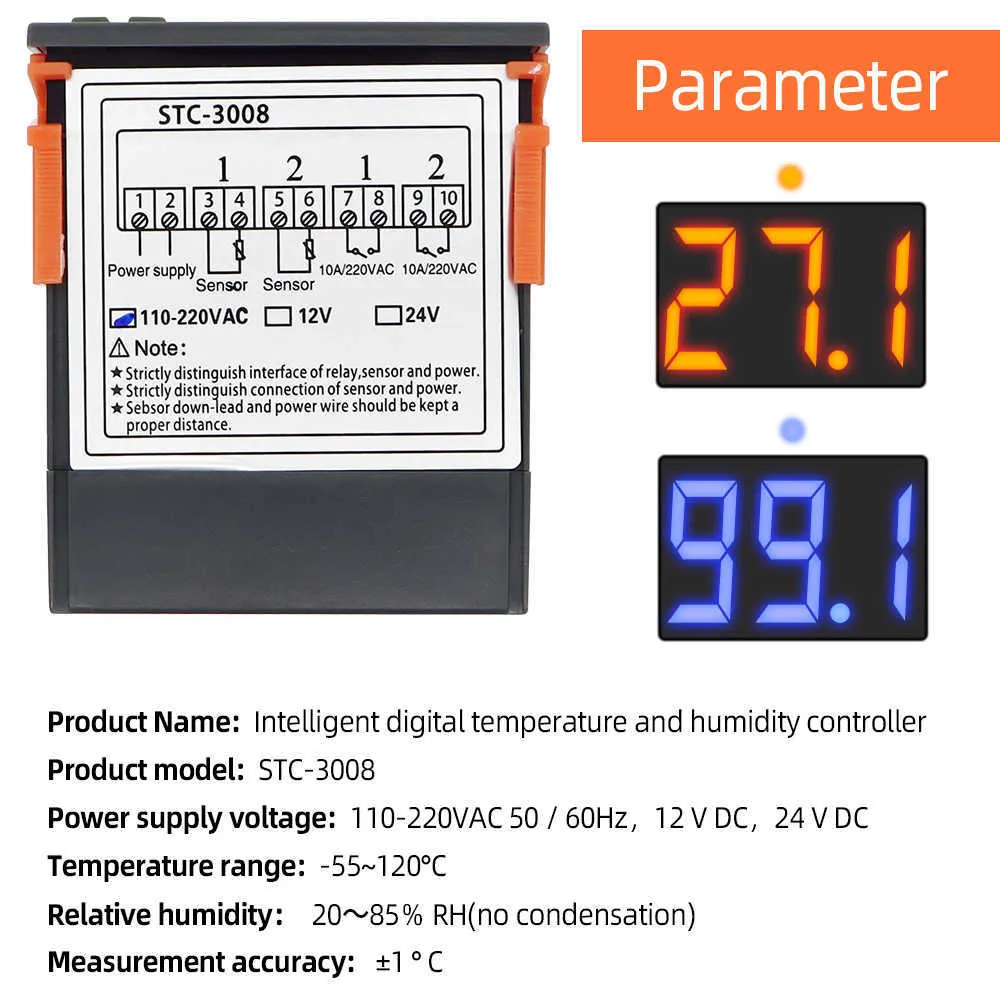 Regolatore di temperatura digitale STC-3008 CA 110 V 220 V CC 12 V 24 V Doppio igrometro Riscaldamento Raffreddamento Due uscite relè Relè CA 40% di sconto 210719