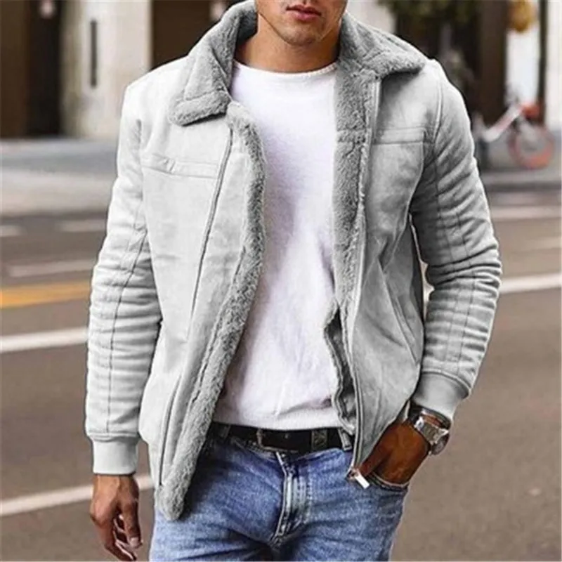 Classique hommes Faux cuir vestes hiver chaud revers manteaux mâle polaire doublé Parkas vêtements d'extérieur solide épaissir fourrure vestes décontractée 5