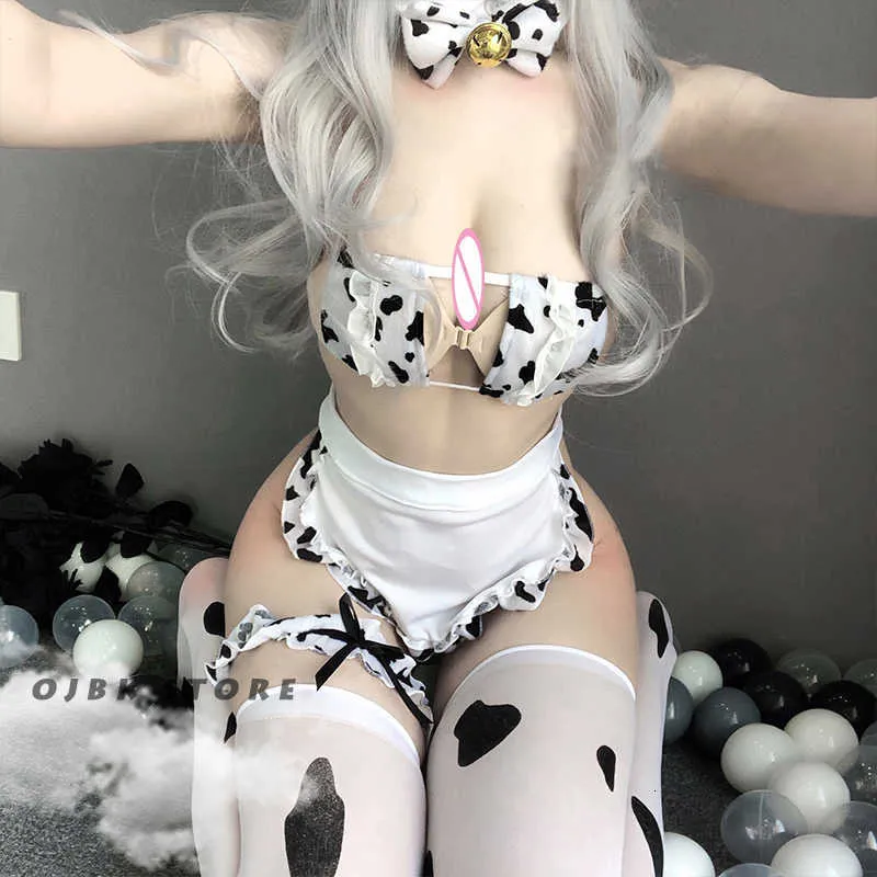 OJBK New Cos Cow Costume Cosplay Cameriera Tankini Costume da bagno bikini Anime Ragazze Costumi da bagno Abbigliamento Lolita Reggiseno e collant Set Calze Y0913