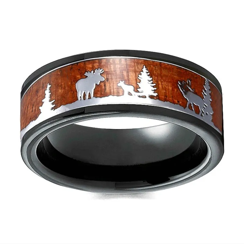 8 mm czarny pierścionek ze stali nierdzewnej dla mężczyzn kobiety Koa koa drewniane drewniane jelenie jelenie polowanie sylwetki sylwetki biżuteria