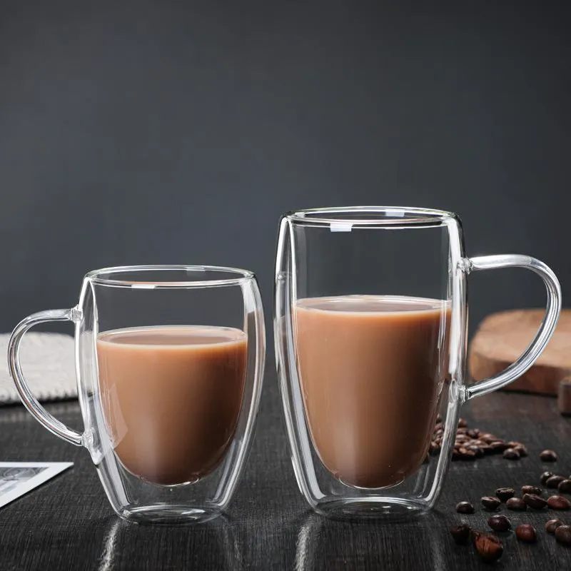 Tassen Doppelwandige Glastasse Hitzebeständige Milch Whisky Tee Bier Transparent Espresso Kaffee Trinkgeschirr Tassen Trinkgläser274w