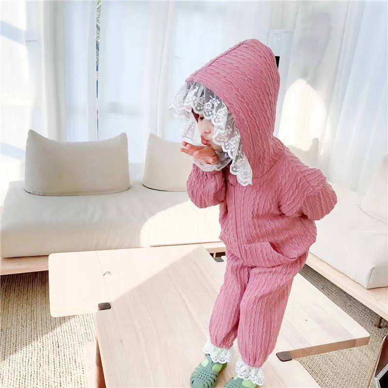 Pijamas do bebê da primavera ajusta o laço azul cor-de-rosa encapuçado Casa Suits Sleep Wower Roupa Kids E8052 210610