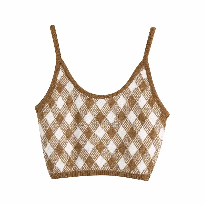 Vintage Stylish Brown Argyle Wzory Camis Tops Women Sexy Fashion Pasps Tops Femil Chic Camisole 210401