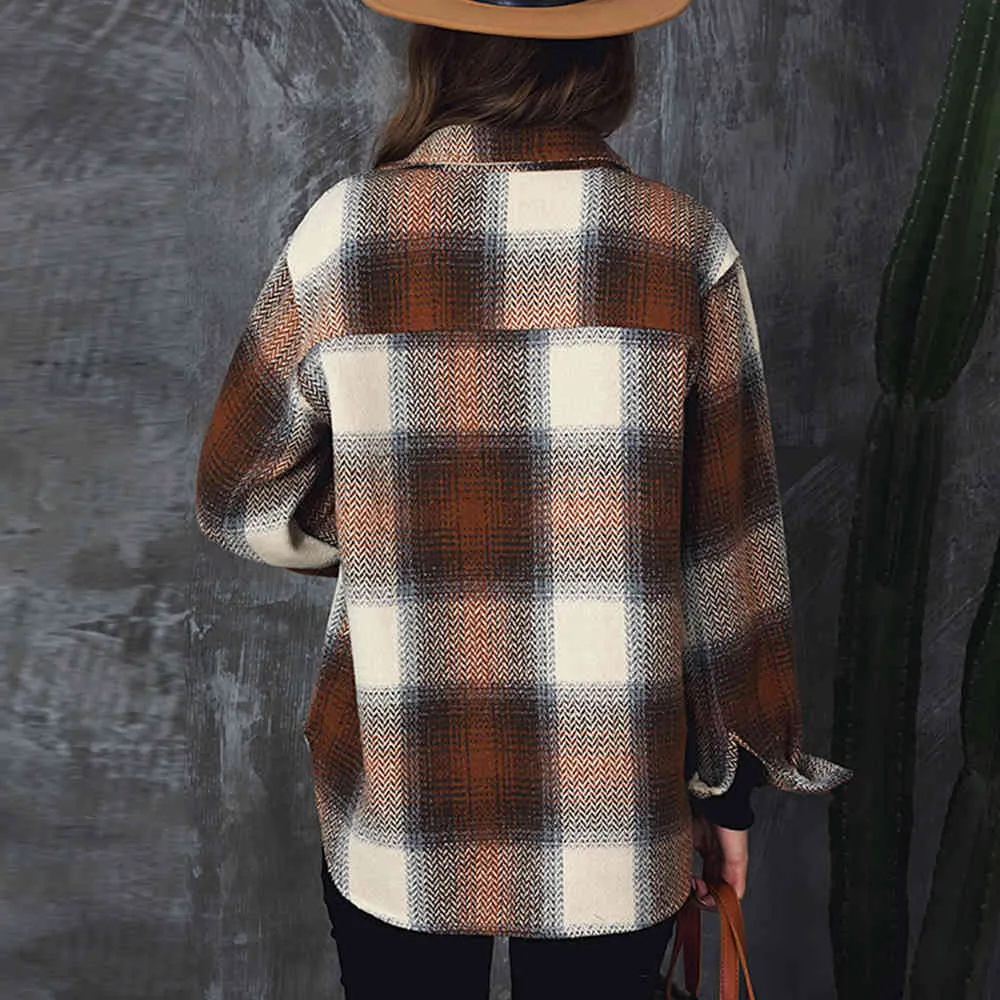 Vrouwen Koreaanse Warme Vintage Mode Jassen En Jacks Dames Zwart Plaid Geruit Bovenkleding Shirt Nieuwe Herfst Winter Kleding 210415