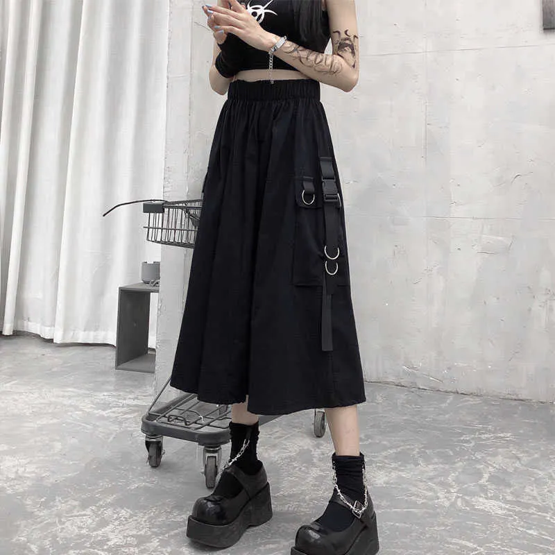 Gothic High Waist Cargo Kjolar Kvinna Harajuku Lös A-Line Pocket Midi Long Black Skirt Hip Hop Fashion Streetwear Oversize 210721