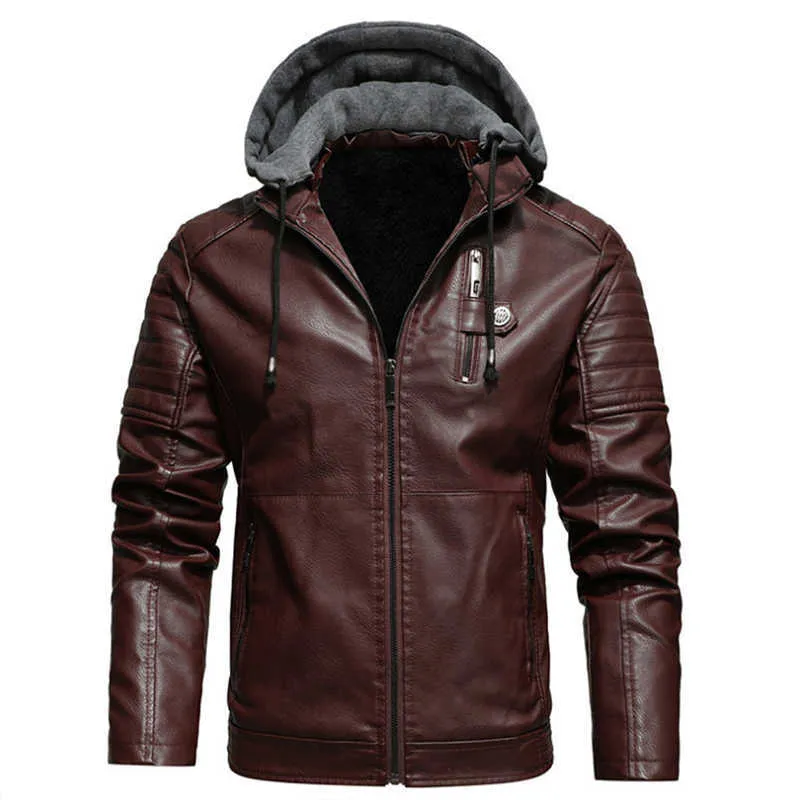 Fodera in pile da uomo PU Giacche addensate in pelle Cappotti con cappuccio Autunno Inverno Giacca da motociclista casual Giacca a vento Giacche da motociclista 211008