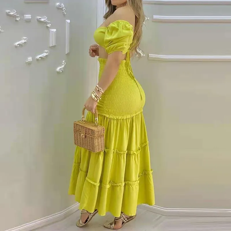 Conjunto de vestido elegante para mujer Trajes O-Ring Crop Top Volante Dobladillo Fruncido Slit Maxi Falda Conjunto Casual Summer Set 210521