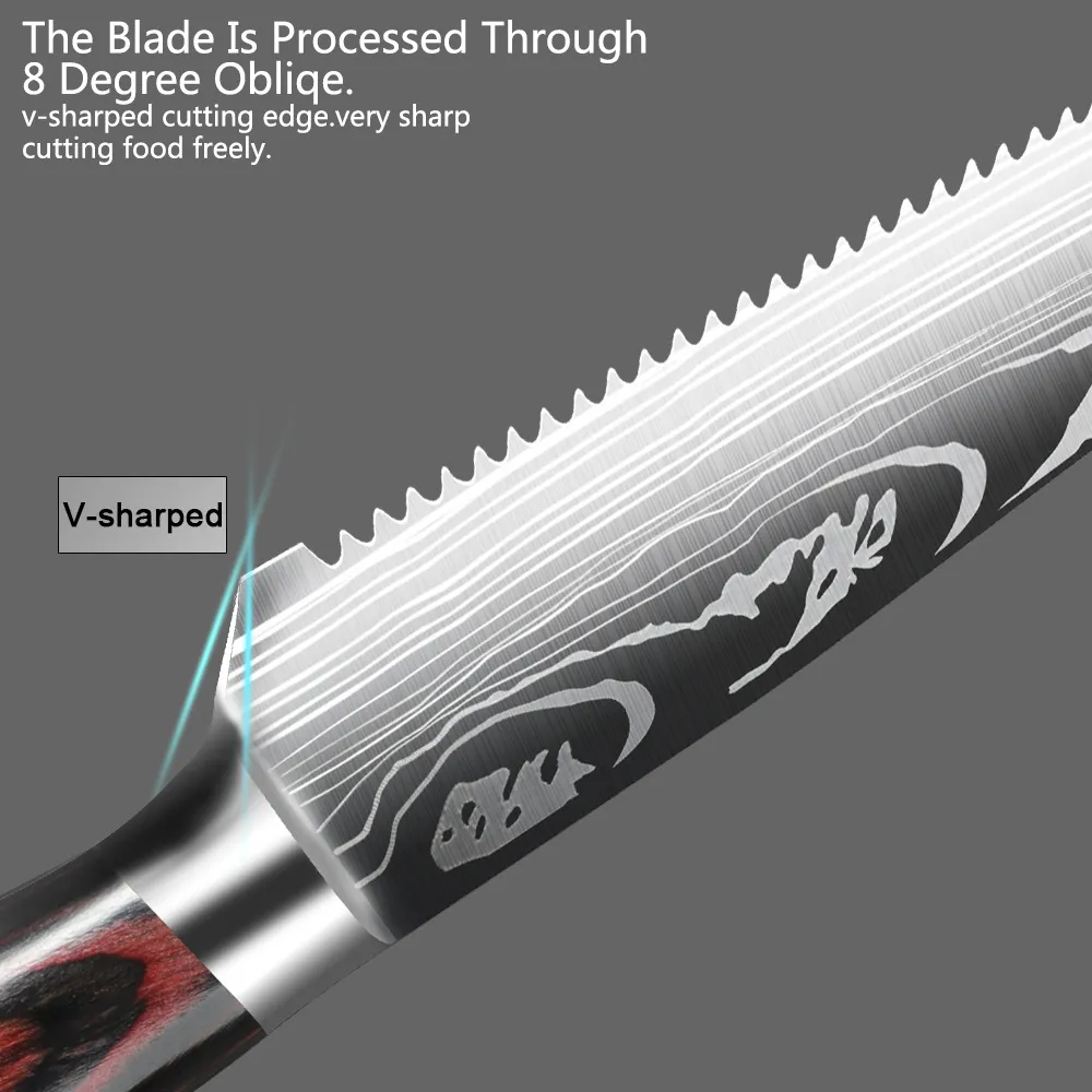 Gekarteld steak messen damascus patroon 7cr17 roestvrij staal fruit rundvlees hakmaver diner cutlery tafeld tafels houten handvat vaatwas7109134