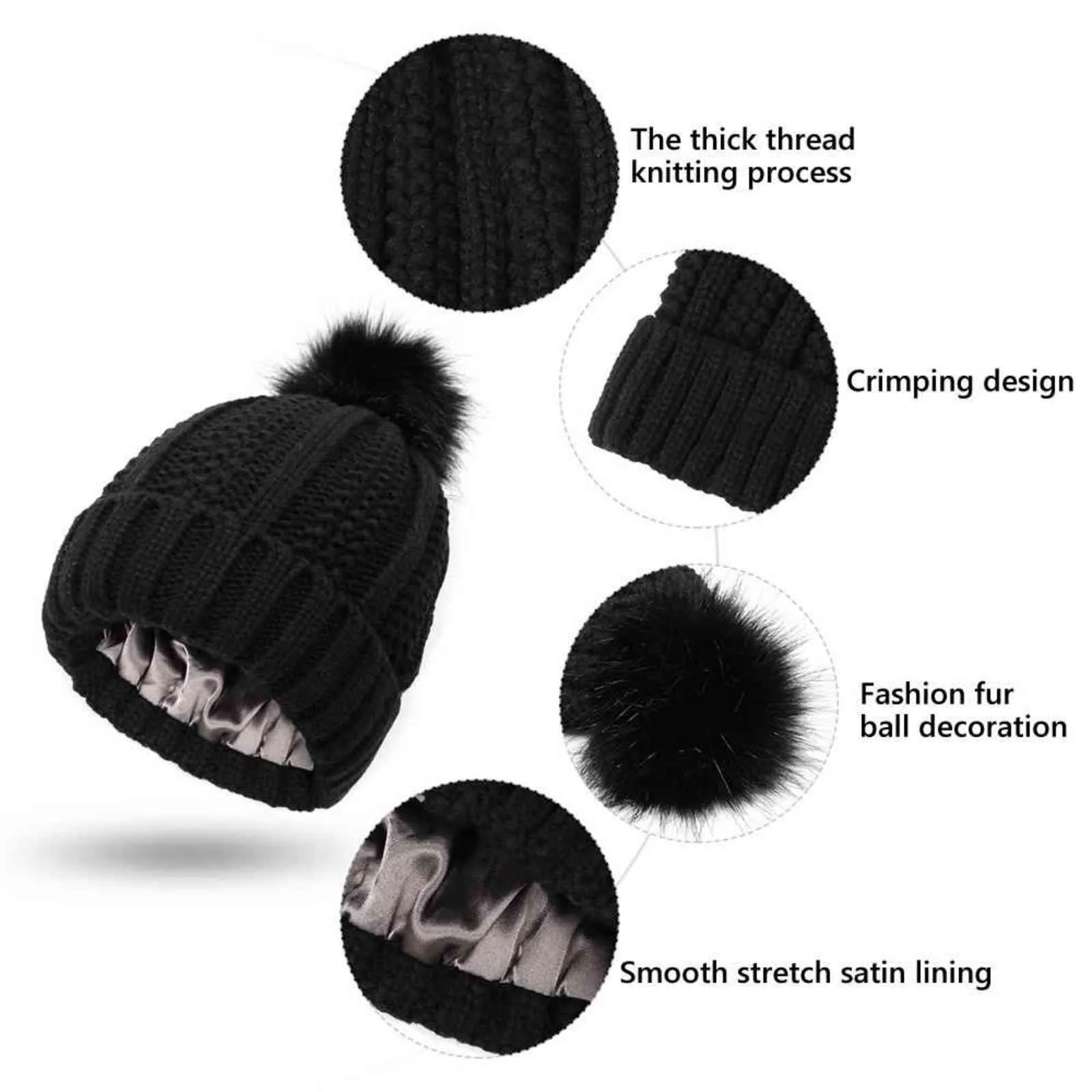 Fashion Stretchy Satin Lined Soft Winter Beanie Hat Knit Hats Faux Fur Pom Hat Beanie Hat for Women Y21111