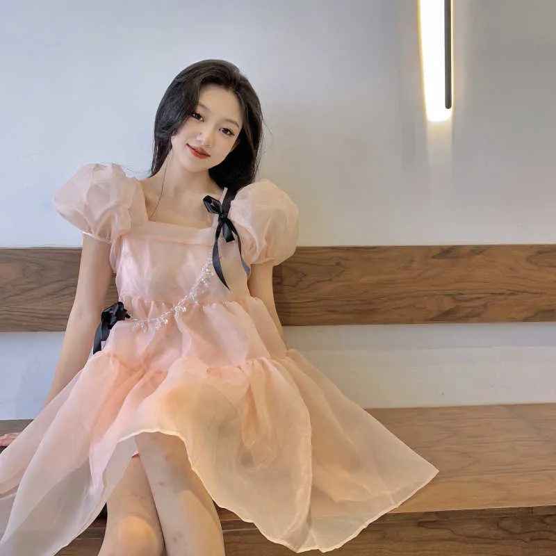 Princess Puff Sleeve Square Collar Big Swing Pink Bow Mesh Dress Women Gentle Sweet Summer Chic Korean Style Loose Vestido 210610