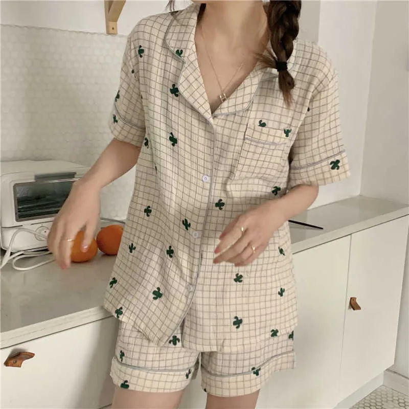 Mjuk sovkläder plaid femme hem chic sommar tjejer lösa korta ärmar sätter bomull pyjamas två bitar 210525