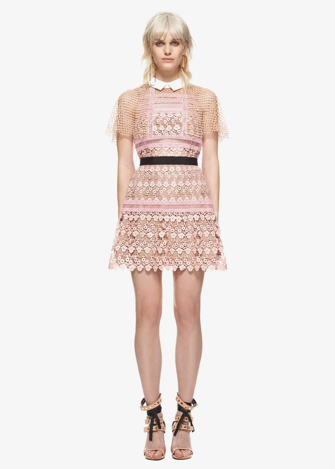 Hohe Qualität Sommer Runway Selbstporträt Kleider Elegante Aushöhlen Patchwork Mode Kurze Mini Rosa Kleid 210506