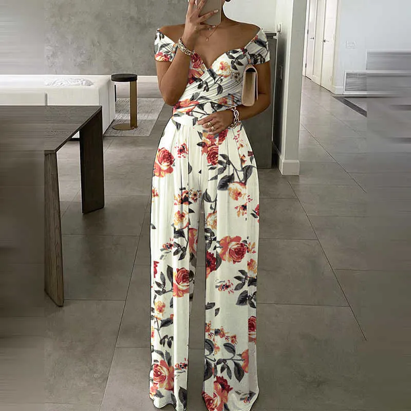 Kvinnor Mode Elegant Ärmlös Partywear Jumpsuits Formell Party Romper Off Shoulder Floral Print Wide Leg Jumpsuit 210716