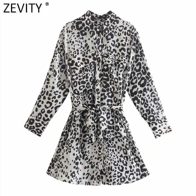 Zevity Women Vintage Leopard Print Double Pockets Casual Slim Shirt Dress Female Chic Breasted Bow Tied Sashes Vestidos DS8137 210603