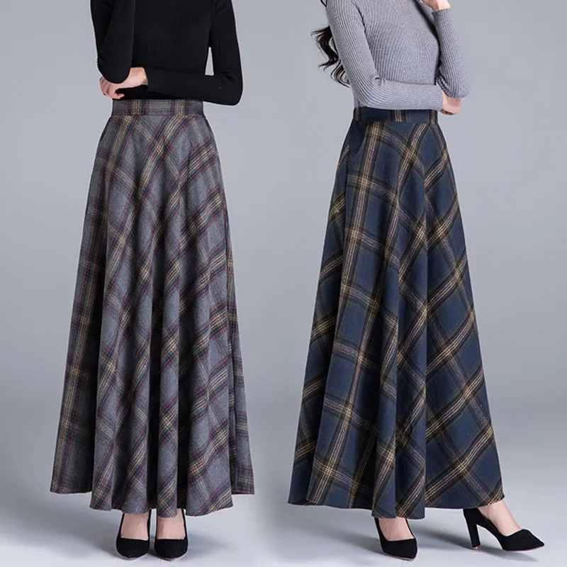 Plus Größe Hohe Taille Woolen Plaid Röcke Winter Warme Frauen Wolle Maxi Büro Damen Mode Lässig Lange Streetwear 210421