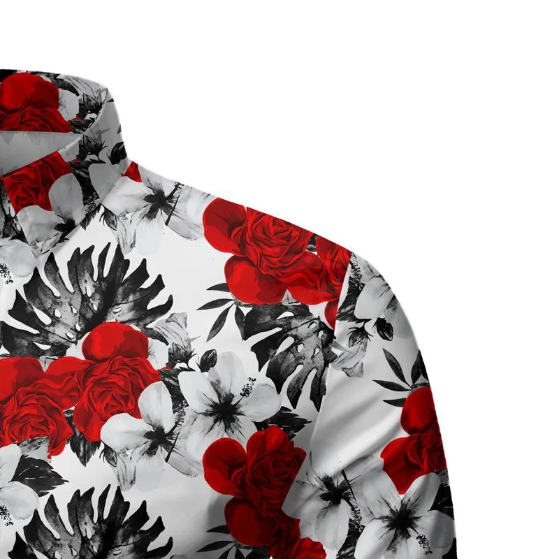 流行に敏感な熱帯花柄プリントメンズ夏のシャツカジュアルスリムフィットハワイアン男性半袖シャツボタンダウンシャツ210524