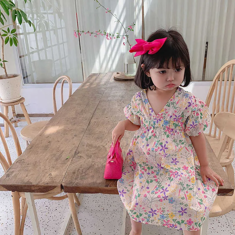 Yaz Kore Stil Bebek Kız Elbise Çiçek Pringting Yürüyor Çocuk Giysileri Parti Günlük Elbise 210528