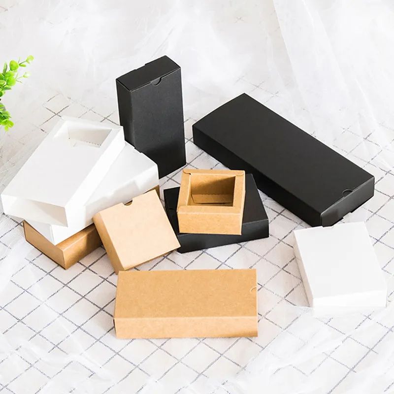 Boîte d'emballage cadeau en carton Kraft noir, 1 pièce, boîte d'emballage noire, tiroir en papier blanc, faveur de mariage délicate