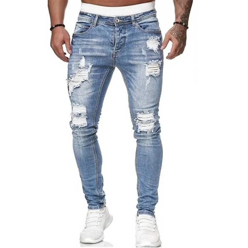 Hommes Ripped Skinny Jeans Bleu Slim Fit Trou Crayon Pantalon Casual Biker Pantalon Streetwear 2021 Haute Qualité Denim Homme Vêtements X0621